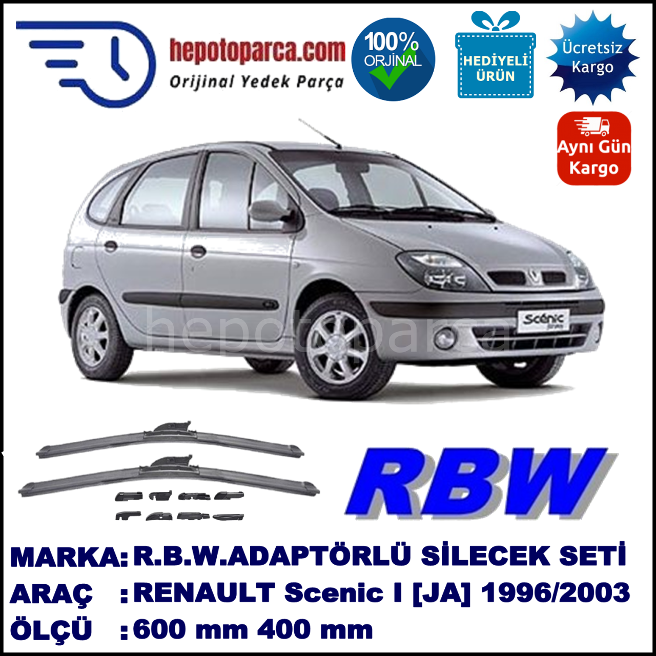 RENAULT Scenic I [JA.] 01.1996-04.2003, 600 / 400 mm.  RBW  ADAPTÖRLÜ MUZ SİLECEK SETİ