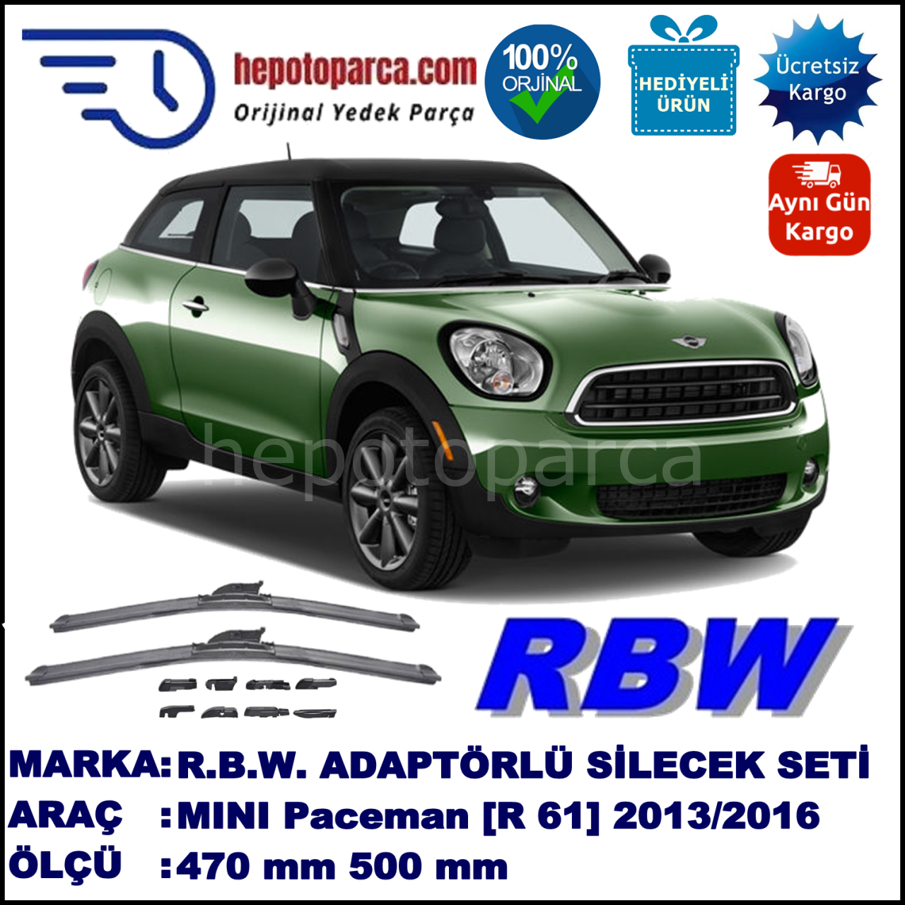 MINI (BMW) Mini Paceman [R 61] 03.2013-..., 470 / 500 mm.  RBW  ADAPTÖRLÜ MUZ SİLECEK SETİ