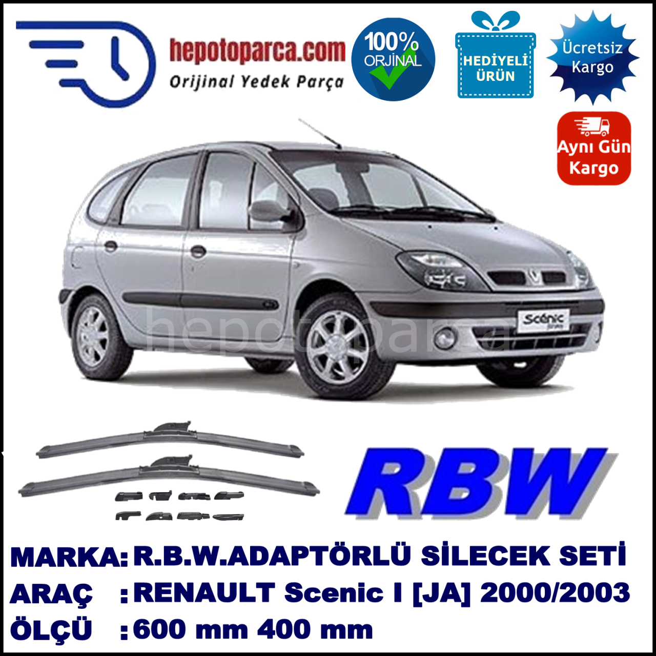 RENAULT Scenic I [JA.] 03.2000-04.2003, 600 / 400 mm.  RBW  ADAPTÖRLÜ MUZ SİLECEK SETİ