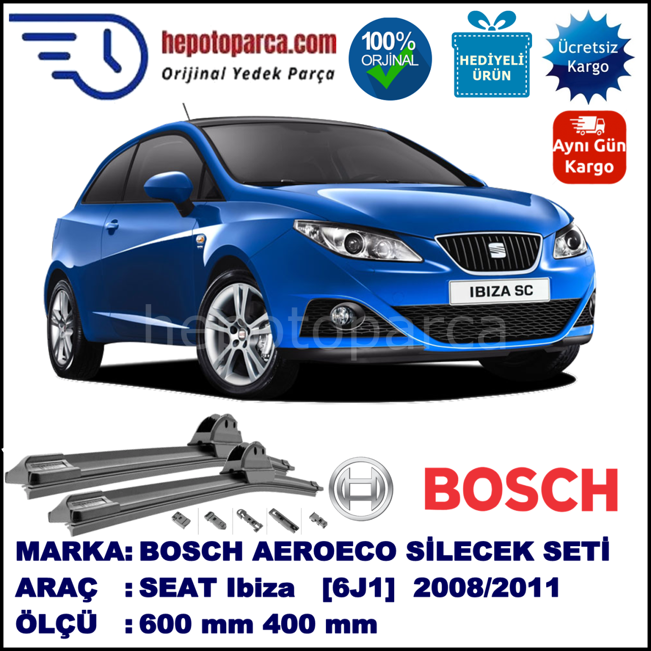 SEAT Ibiza SC [6J1] 02.2008-08.2011, 600 / 400 mm. BOSCH AEROECO Aparatlı Muz Silecek