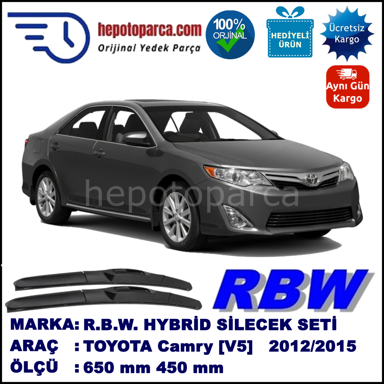 TOYOTA Camry [V5] 08.11-... 650 / 450 mm. RBW Hybrid Silecek Seti. U Kanca Uyumlu Hibrit