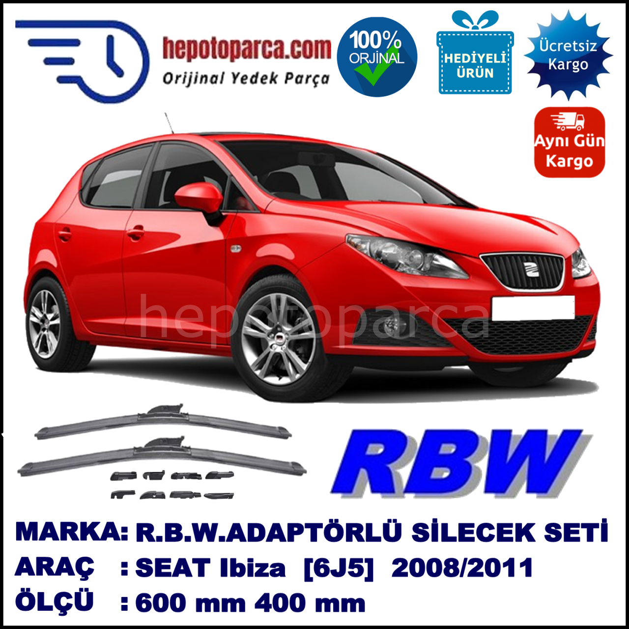 SEAT Ibiza [6J5] 02.2008-08.2011, 600 / 400 mm.  RBW  ADAPTÖRLÜ MUZ SİLECEK SETİ