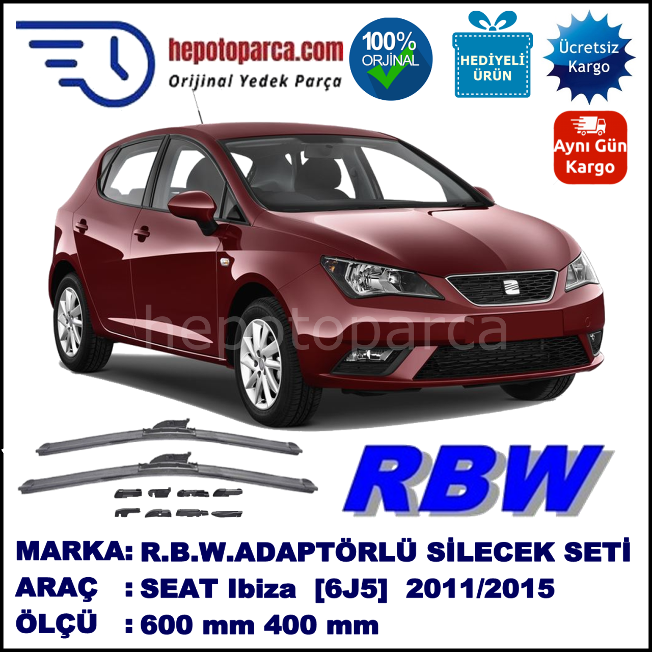SEAT Ibiza [6J5] 09.2011-..., 600 / 400 mm.  RBW  ADAPTÖRLÜ MUZ SİLECEK SETİ