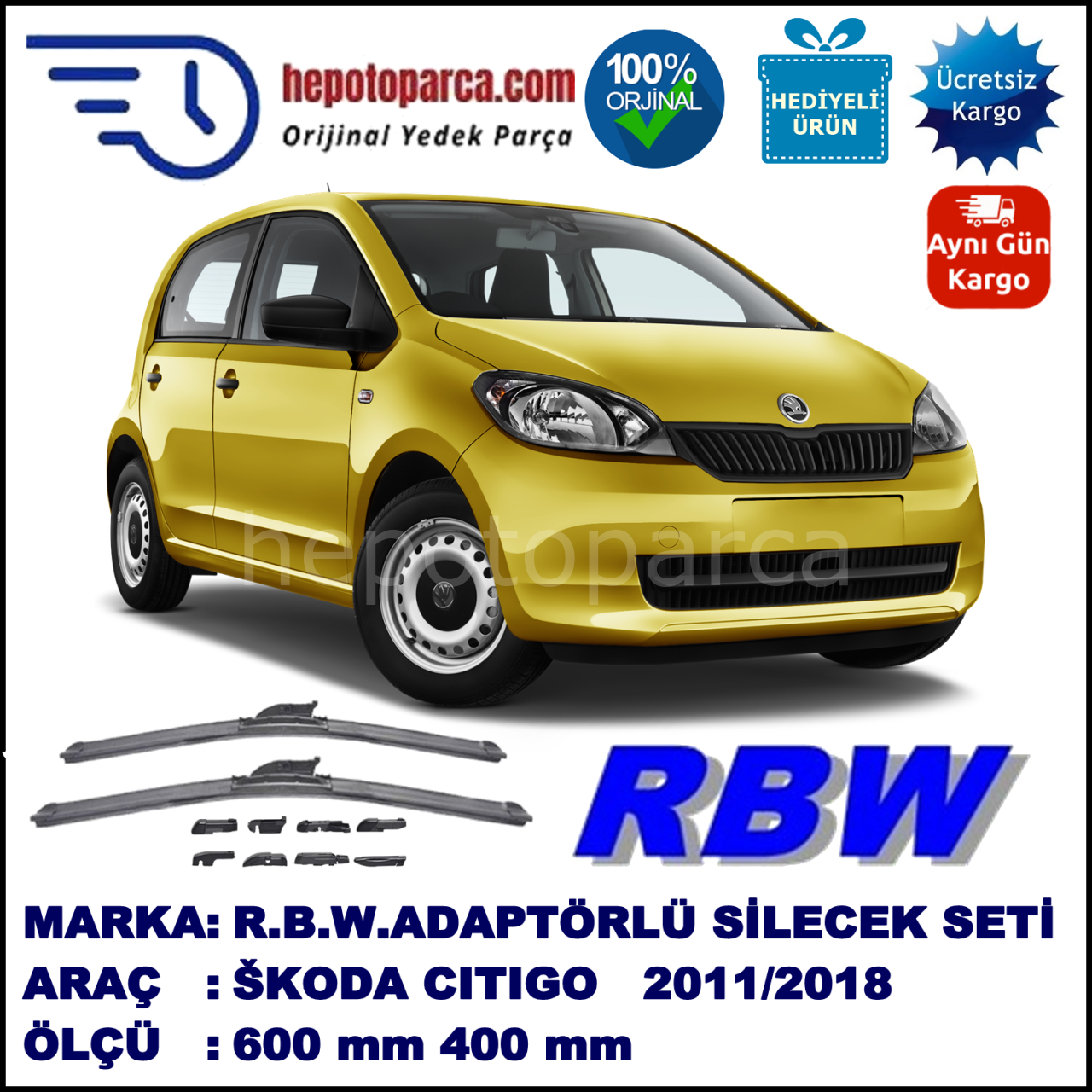 SKODA Citigo  10.2011-..., 600 / 400 mm.  RBW  ADAPTÖRLÜ MUZ SİLECEK SETİ