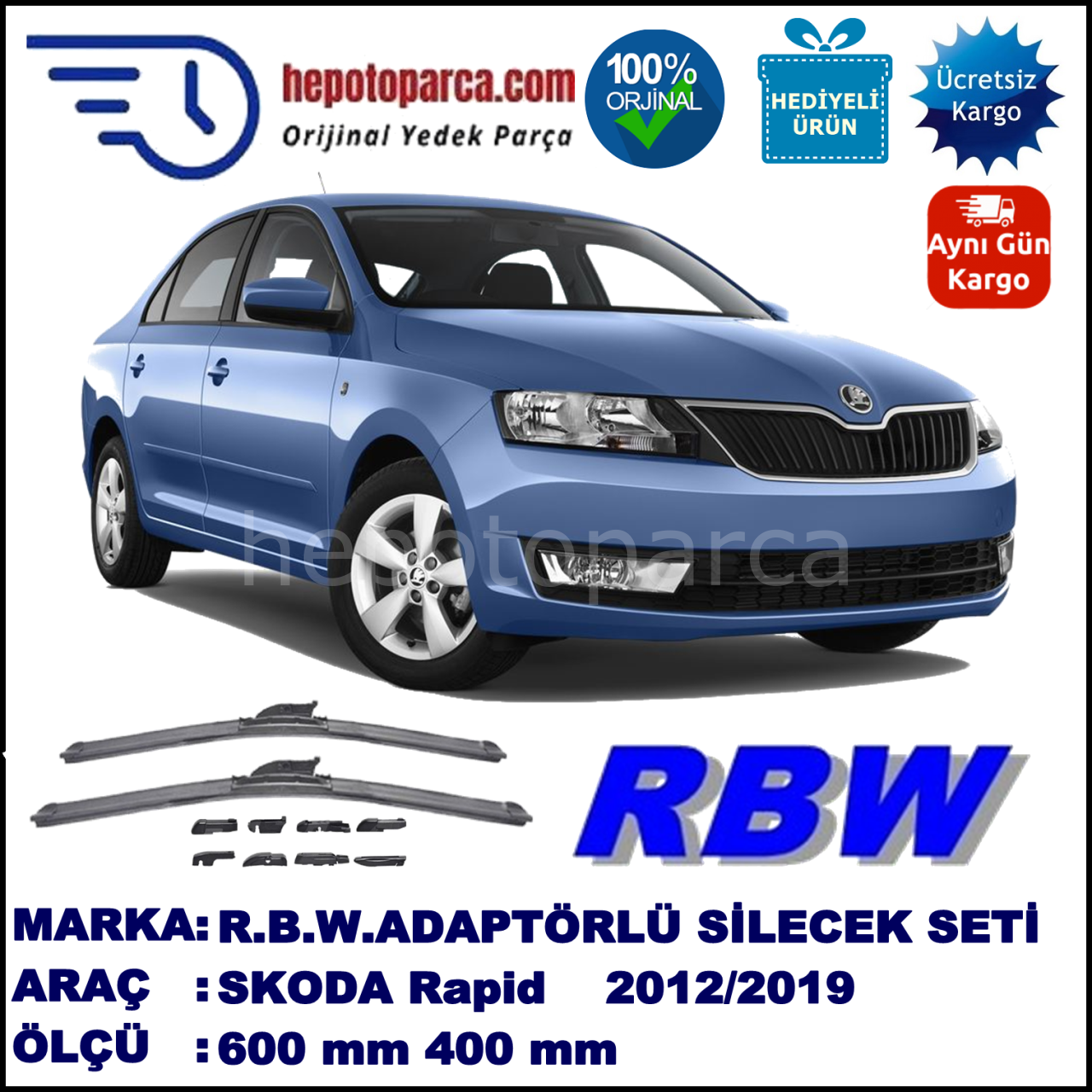 SKODA Rapid [NH3] 07.2012-..., 600 / 400 mm.  RBW  ADAPTÖRLÜ MUZ SİLECEK SETİ