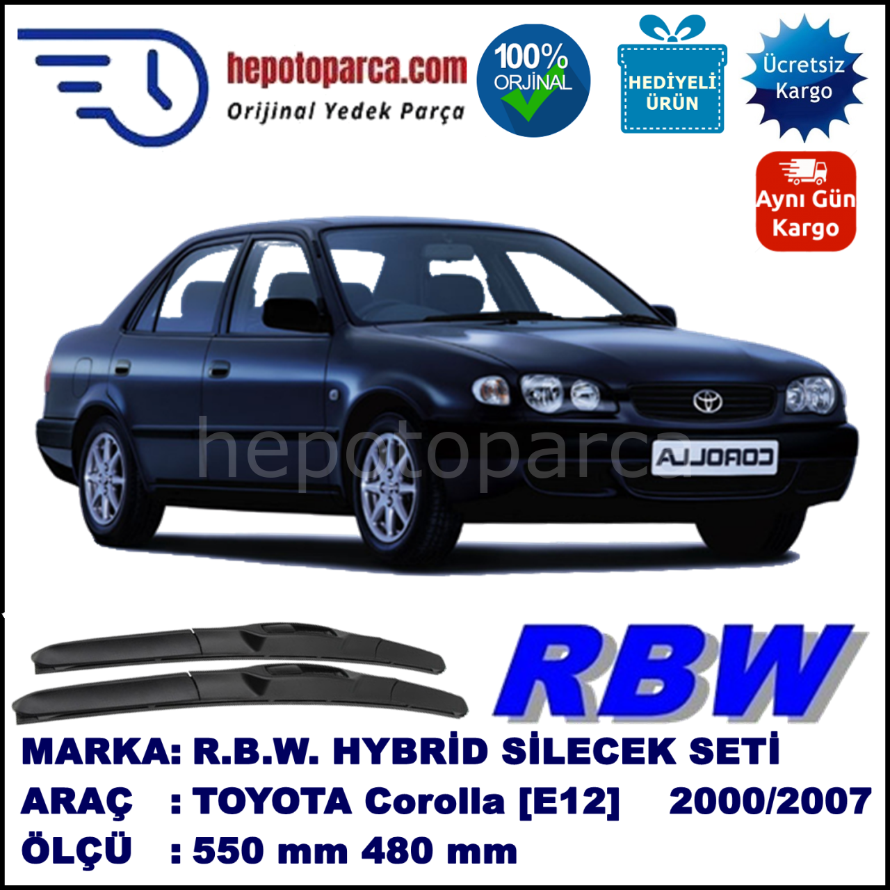 TOYOTA Corolla [E12] 08.00-12.07 550 / 480 mm. RBW Hybrid Silecek Seti. U Kanca Uyumlu Hibrit