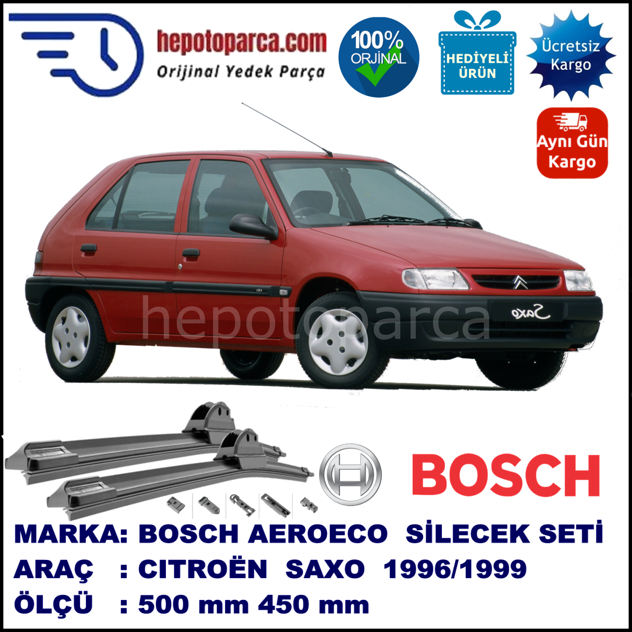 CITROEN Saxo [S8] 02.1996-09.1999, 500 / 450 mm. BOSCH AEROECO Aparatlı Muz Silecek