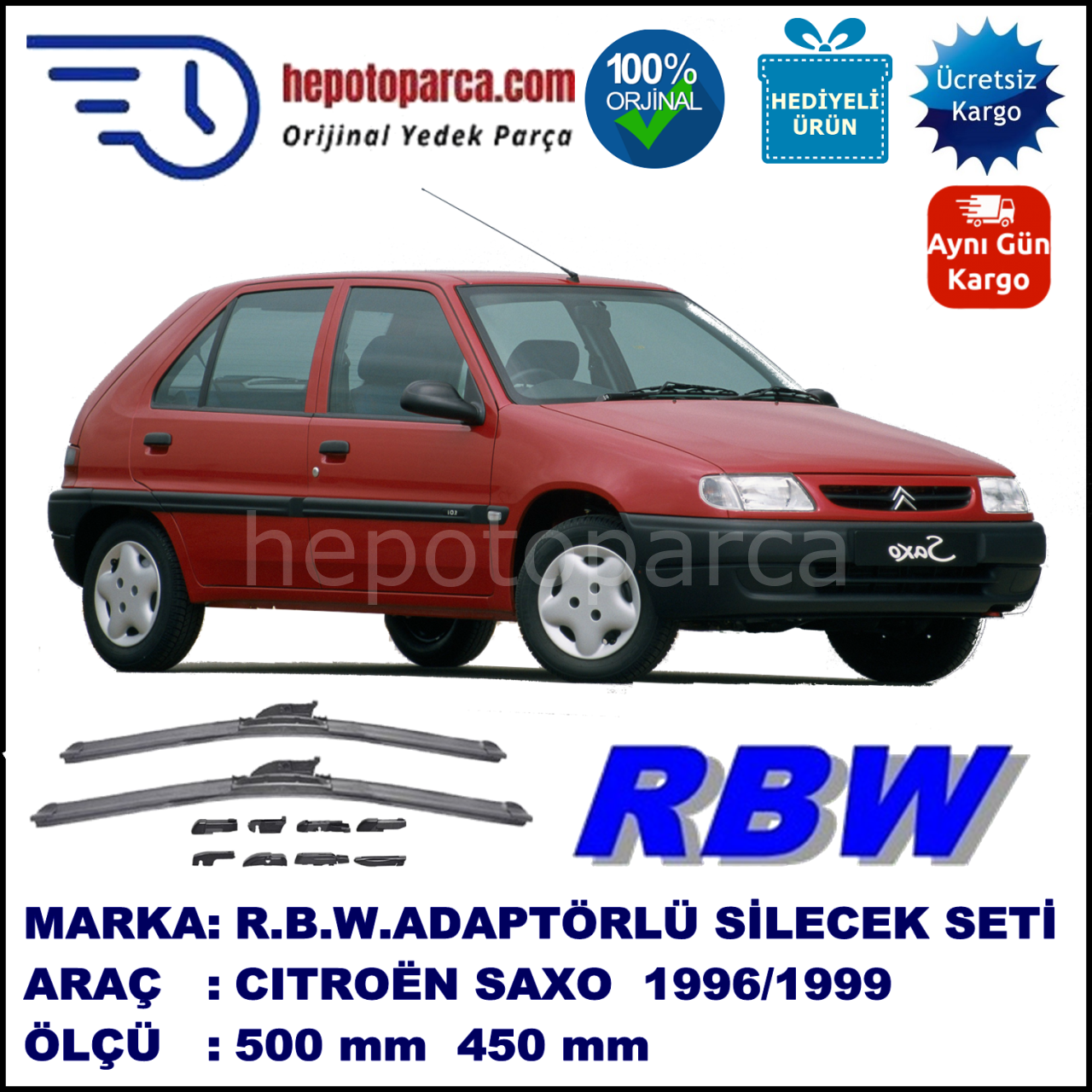 CITROEN Saxo [S8] 02.1996-09.1999, 500 / 450 mm.  RBW  ADAPTÖRLÜ MUZ SİLECEK SETİ