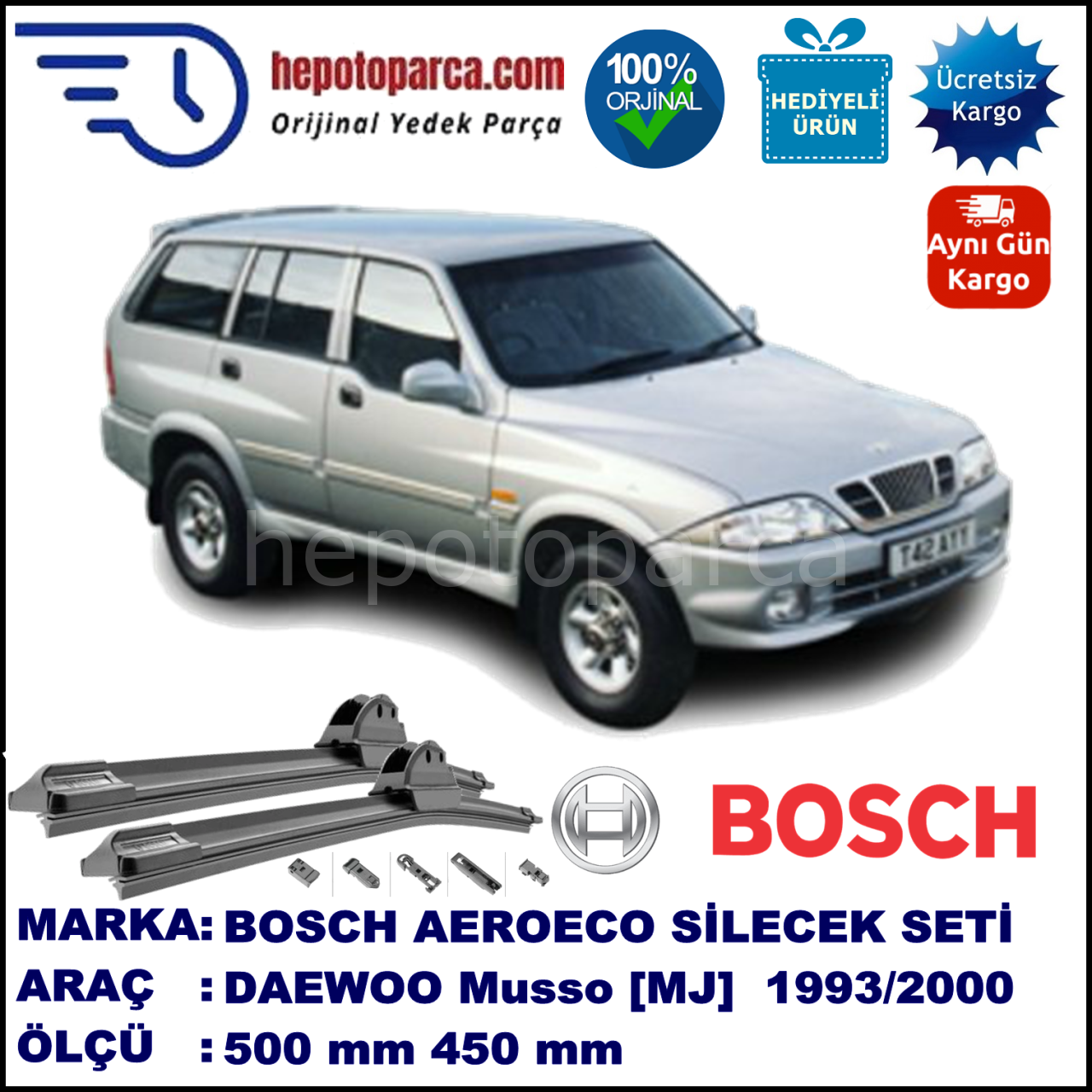 DAEWOO Musso [MJ] 07.1993-12.2000, 500 / 450 mm. BOSCH AEROECO Aparatlı Muz Silecek