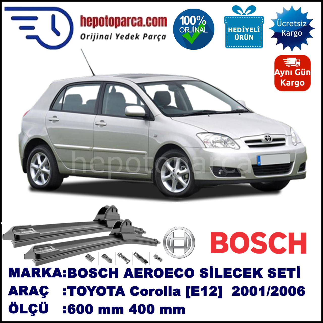TOYOTA Corolla Hatchback [E12] 11.2001-11.2006, 600 / 400 mm. BOSCH AEROECO Aparatlı Muz Silecek