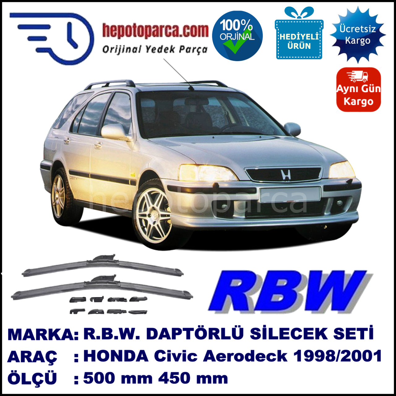 HONDA Civic Aerodeck [MB/MC] 03.1998-02.2001, 500 / 450 mm.  RBW  ADAPTÖRLÜ MUZ SİLECEK SETİ