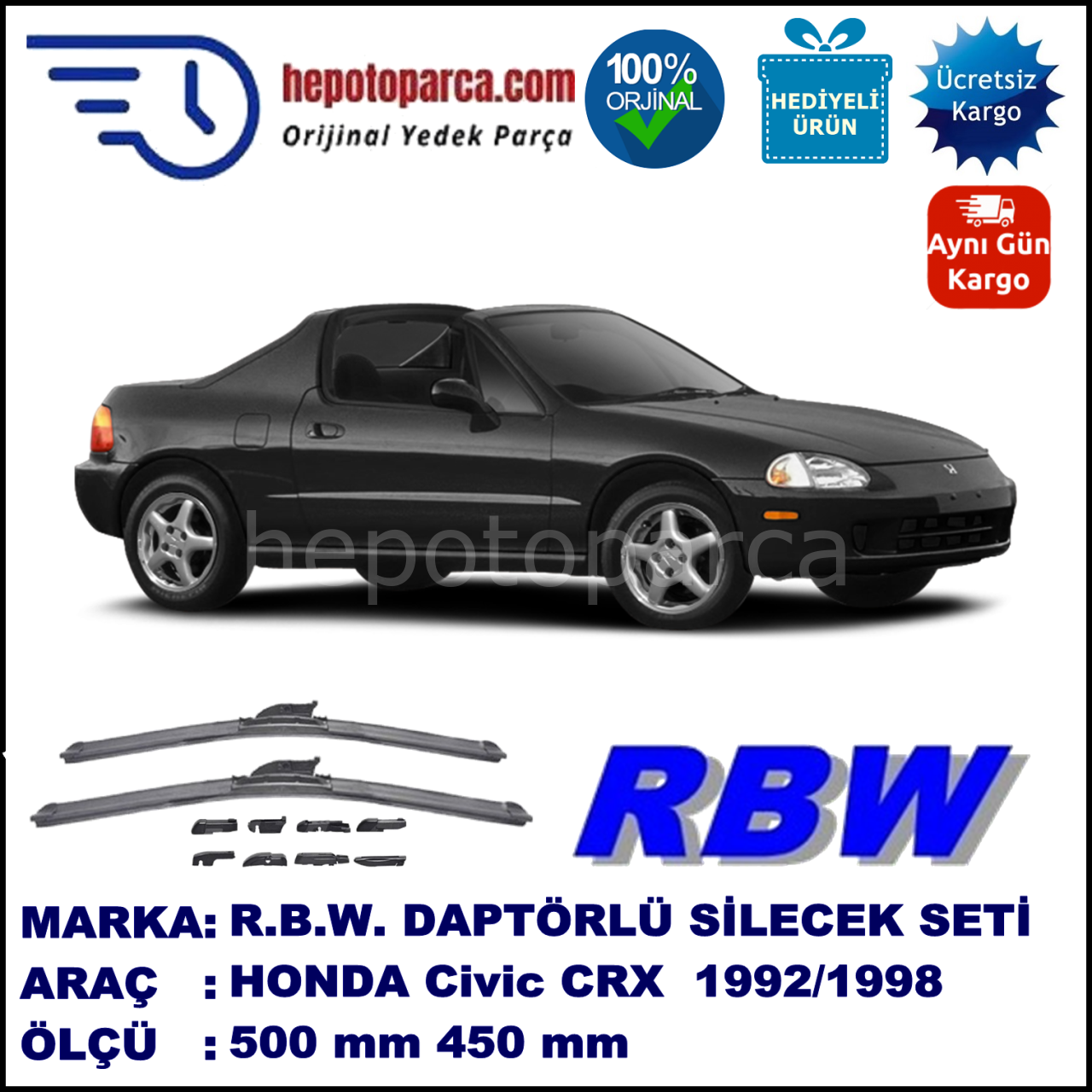 HONDA Civic CRX [EG/EH] 03.1992-12.1998, 500 / 450 mm.  RBW  ADAPTÖRLÜ MUZ SİLECEK SETİ