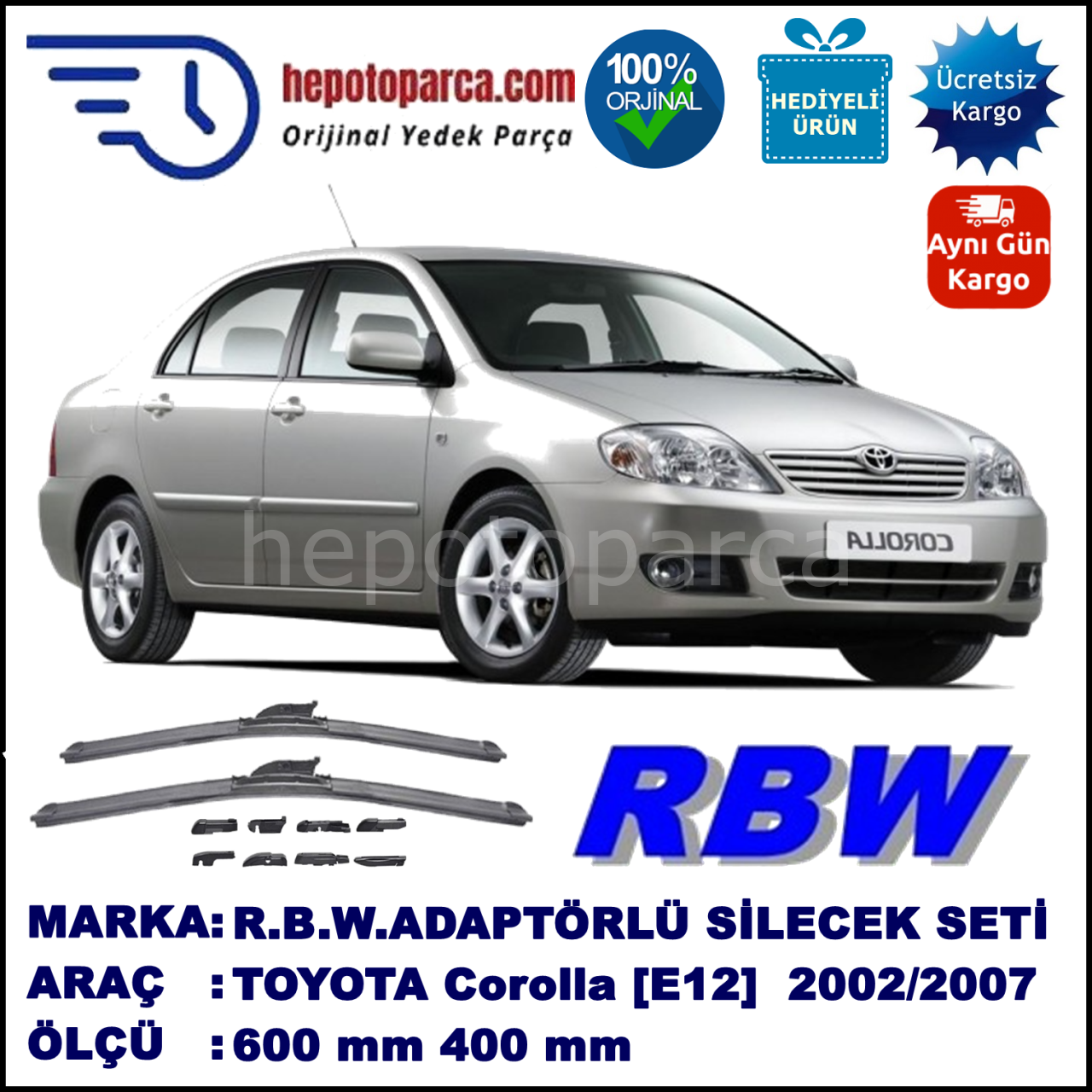 TOYOTA Corolla [E12] 10.2002-07.2007, 600 / 400 mm.  RBW  ADAPTÖRLÜ MUZ SİLECEK SETİ