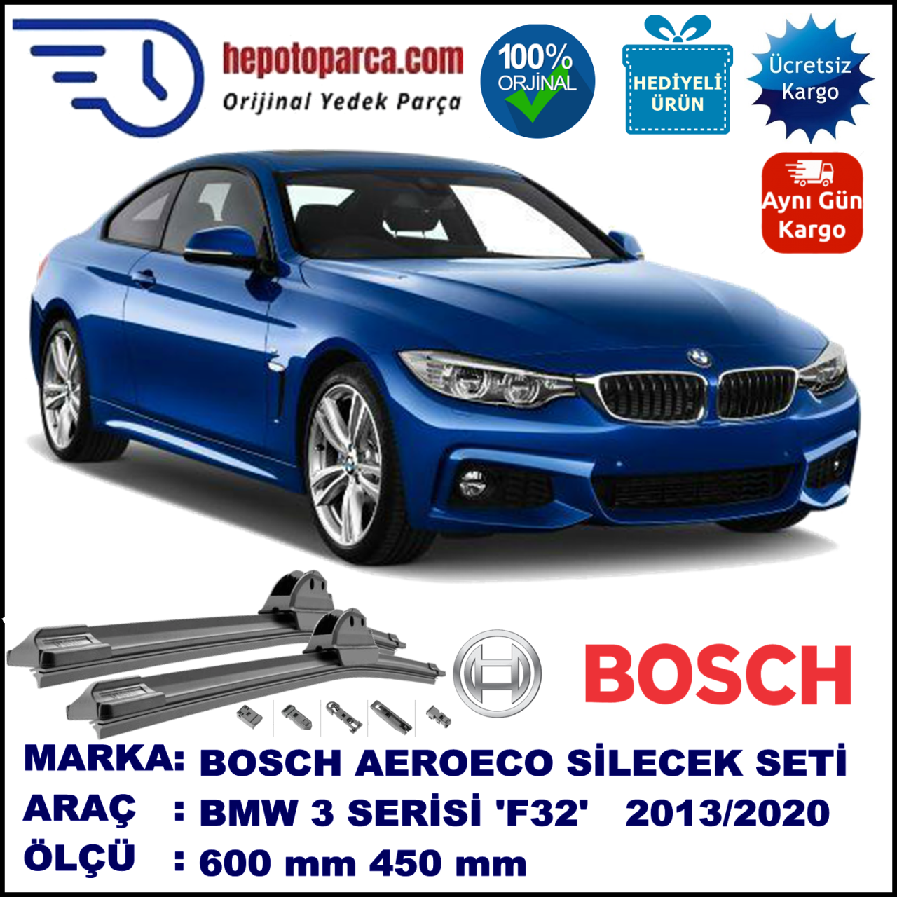 BMW Serie 3 Coupé [F 32] 09.2013-..., 600 / 450 mm. BOSCH AEROECO Aparatlı Muz Silecek