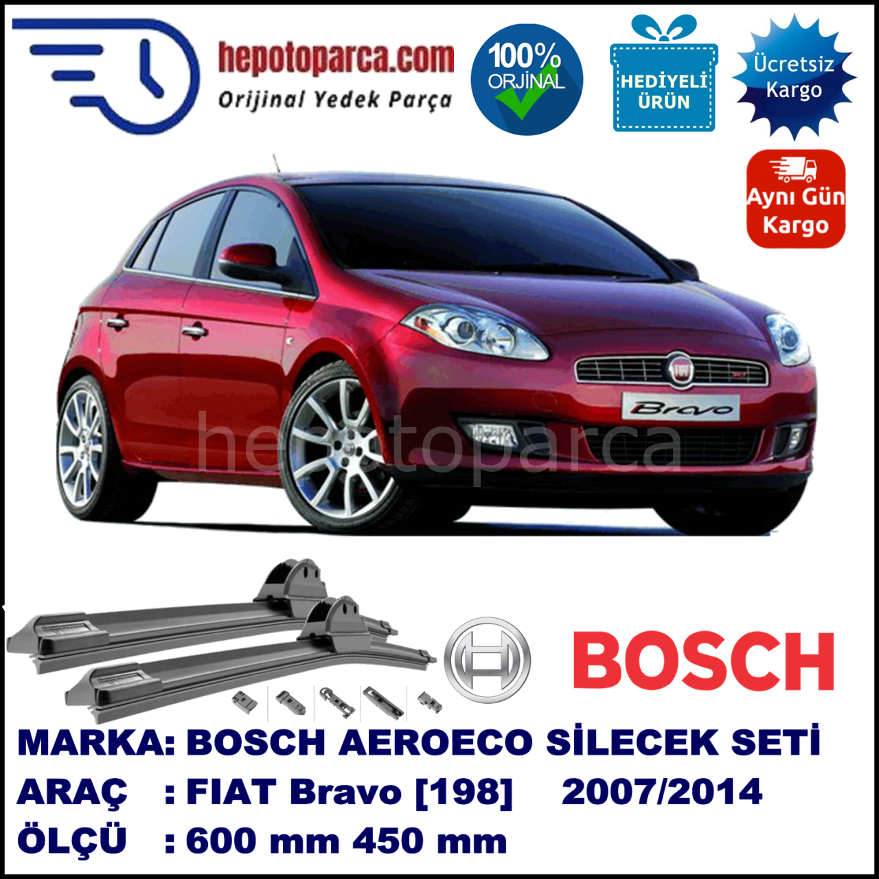FIAT Bravo [198] 03.2007-..., 600 / 450 mm. BOSCH AEROECO Aparatlı Muz Silecek