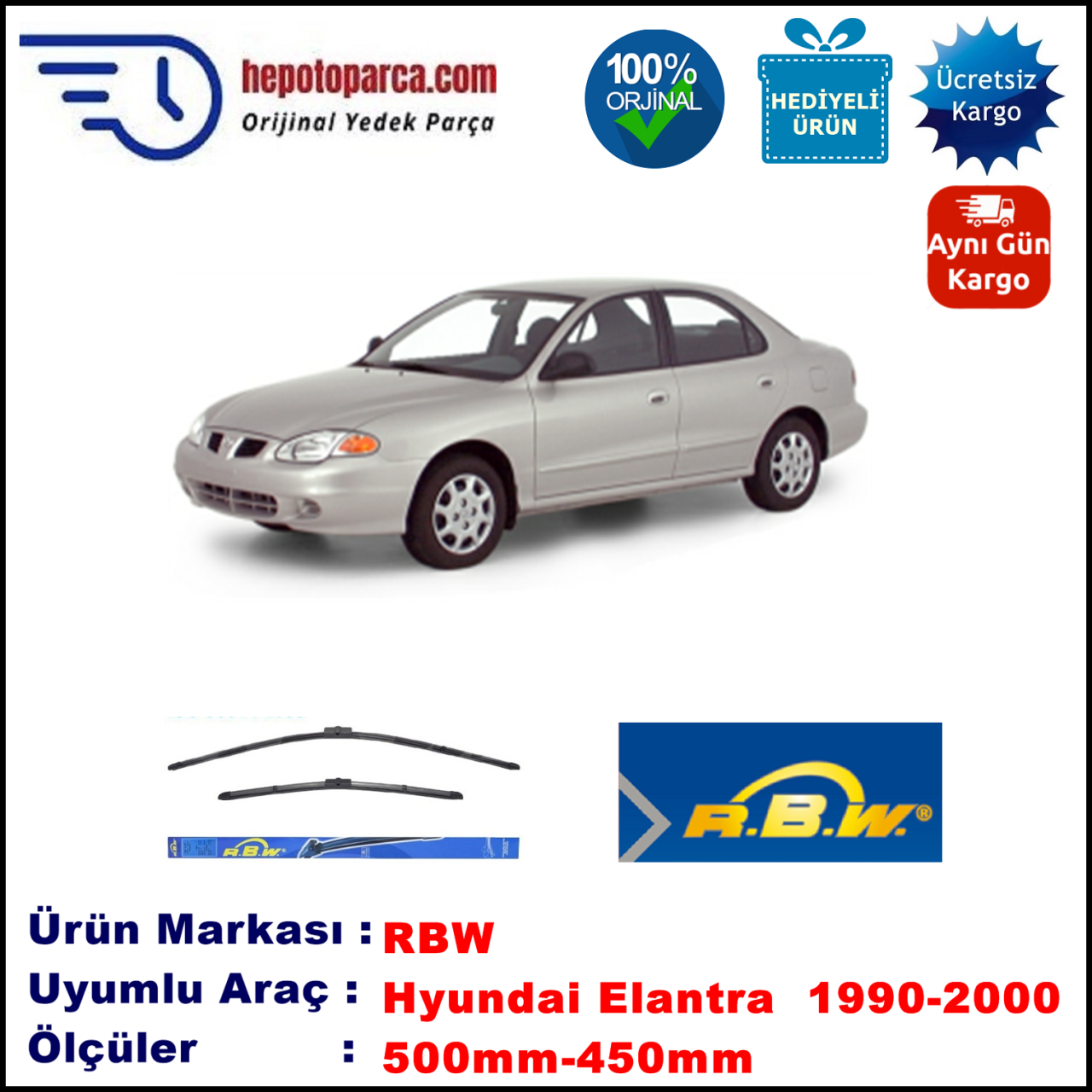 HYUNDAI Elantra [J2] 05.1995-09.2000, 500 / 450 mm.  RBW  ADAPTÖRLÜ MUZ SİLECEK SETİ