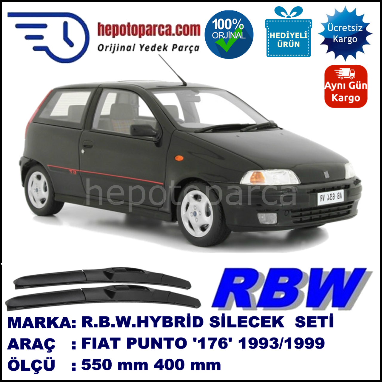 FIAT Punto [176..] 08.93-08.99 550 / 400 mm. RBW Hybrid Silecek Seti. U Kanca Uyumlu Hibrit