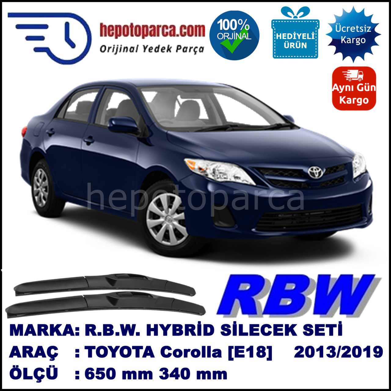 TOYOTA Corolla [E18] 06.13-... 650 / 340 mm. RBW Hybrid Silecek Seti. U Kanca Uyumlu Hibrit