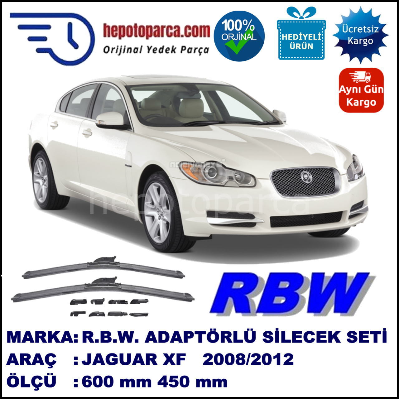 JAGUAR XF  03.2008-..., 600 / 450 mm.  RBW  ADAPTÖRLÜ MUZ SİLECEK SETİ