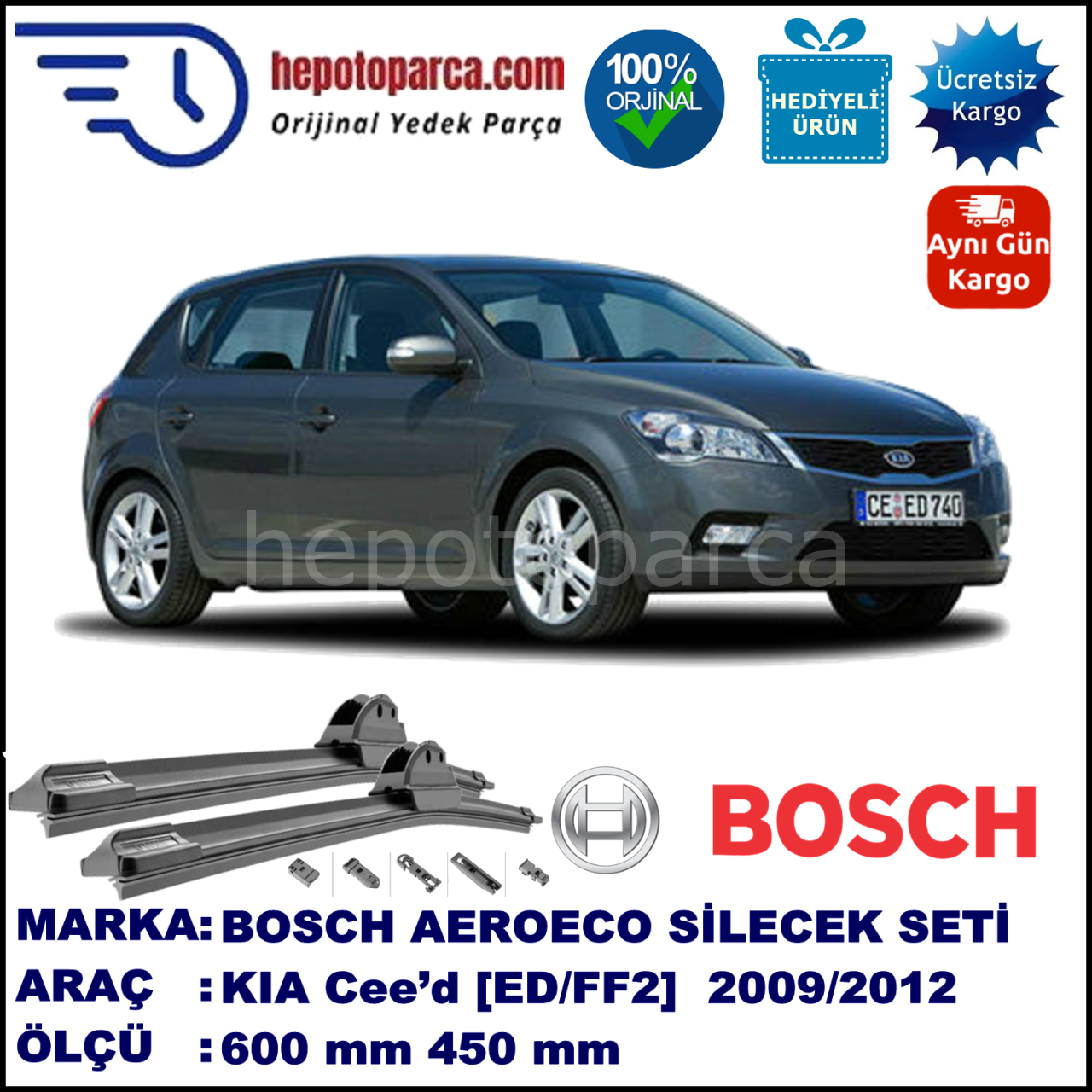 KIA Cee’d [ED/FF2] 07.2009-12.2012, 600 / 450 mm. BOSCH AEROECO Aparatlı Muz Silecek