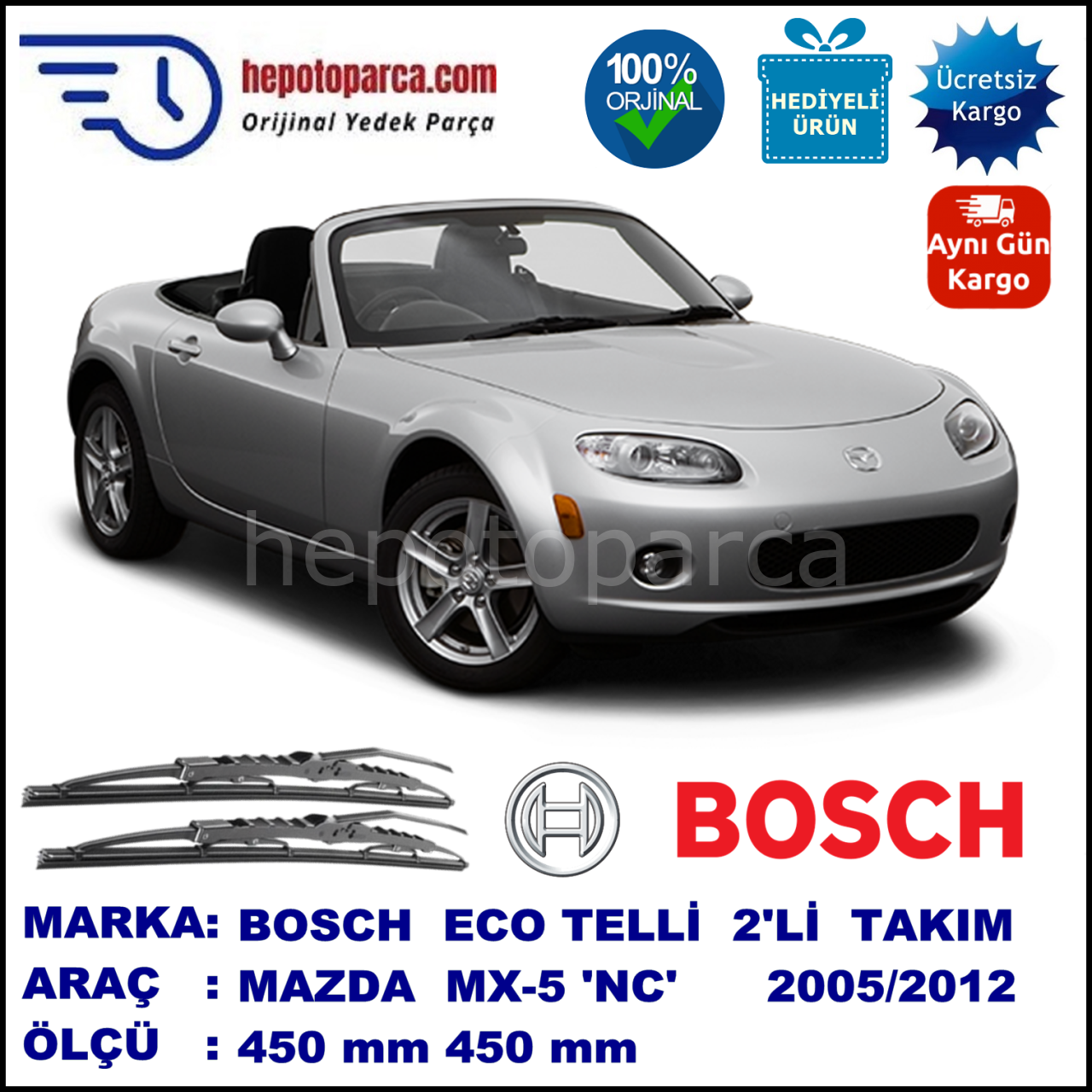 MAZDA MX-5 [NC] 07.05-... 450 / 450 mm. BOSCH ECO Telli Silecek 2'li Takım