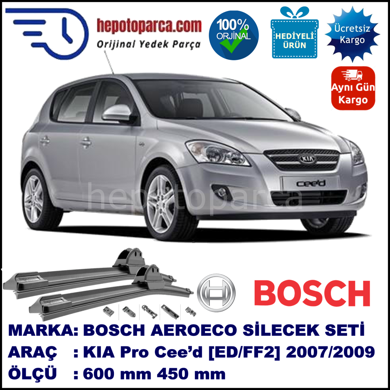 KIA Pro Cee’d [ED/FF2] 10.2007-06.2009, 600 / 450 mm. BOSCH AEROECO Aparatlı Muz Silecek
