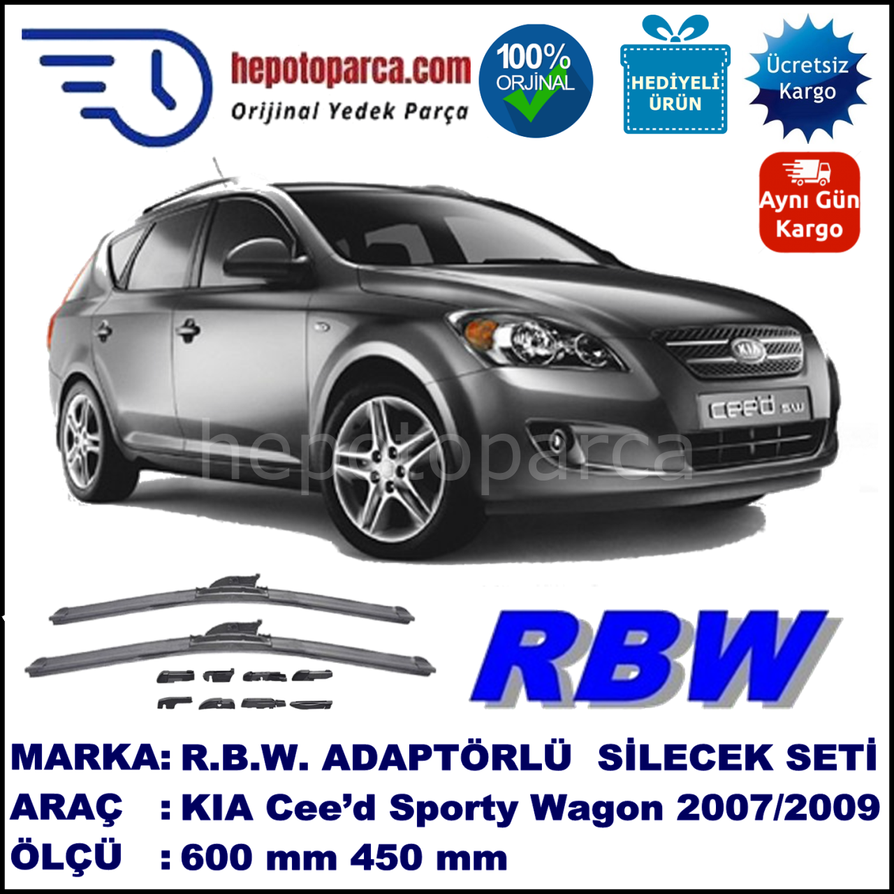 KIA Cee’d Sporty Wagon [ED/FF2] 09.2007-06.2009, 600 / 450 mm.  RBW  ADAPTÖRLÜ MUZ SİLECEK SETİ
