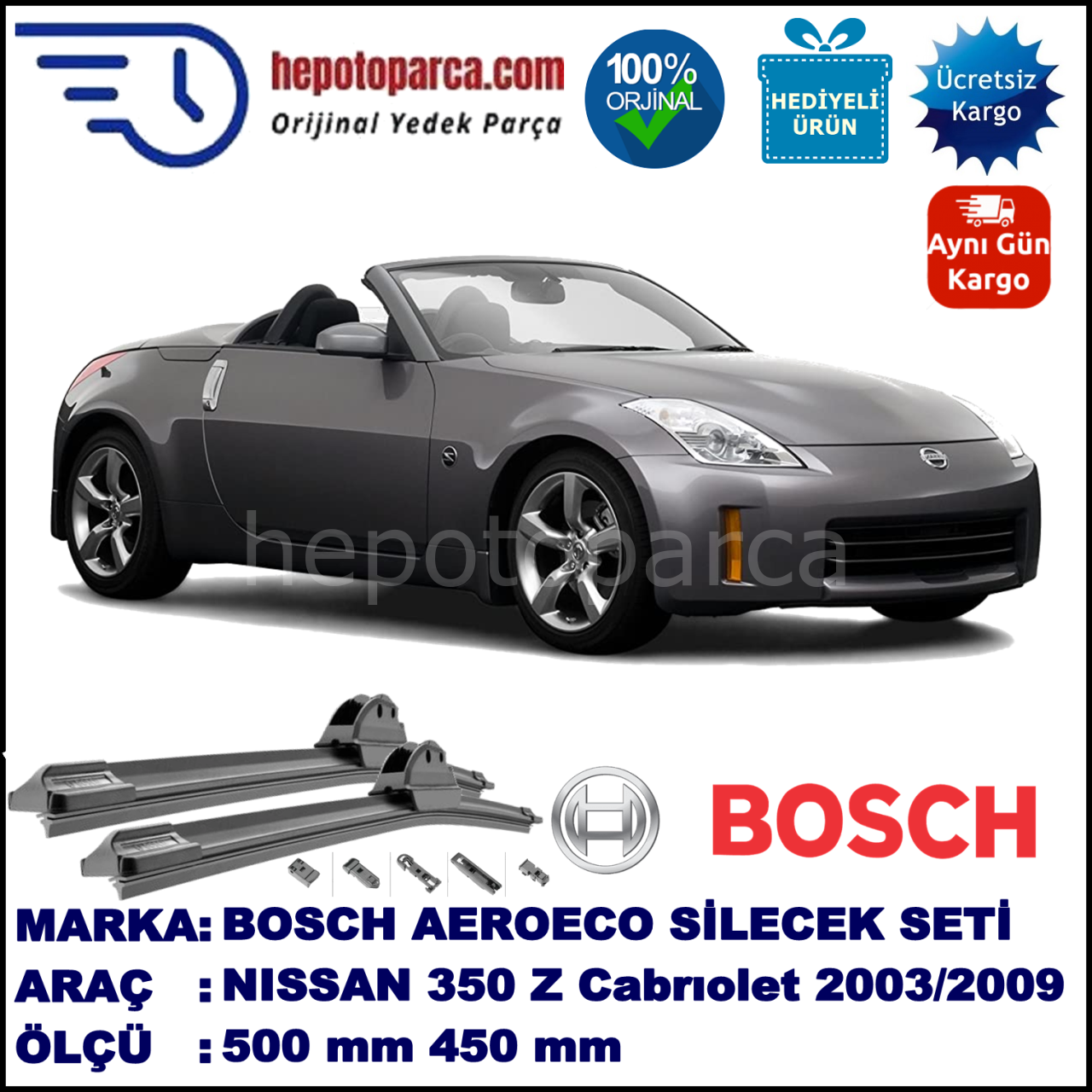 NISSAN 350 Z Cabriolet [Z33] 09.2003-04.2009, 500 / 450 mm. BOSCH AEROECO Aparatlı Muz Silecek