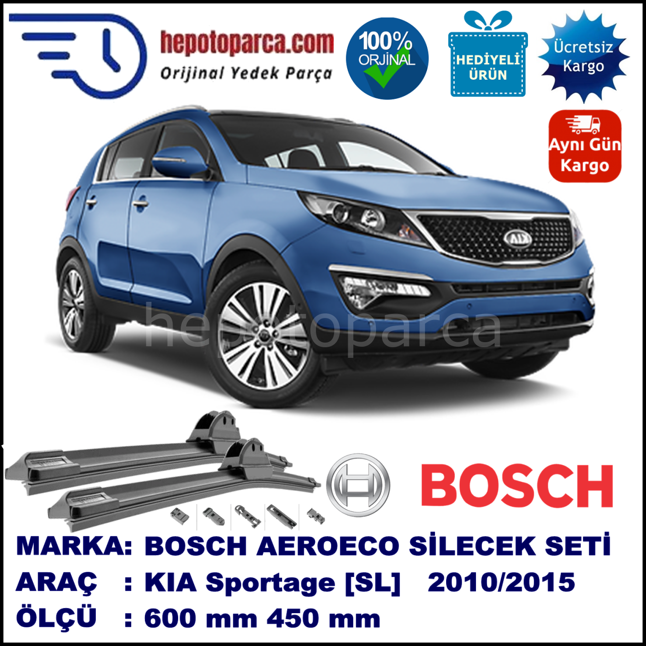 KIA Sportage [SL] 07.2010-..., 600 / 450 mm. BOSCH AEROECO Aparatlı Muz Silecek