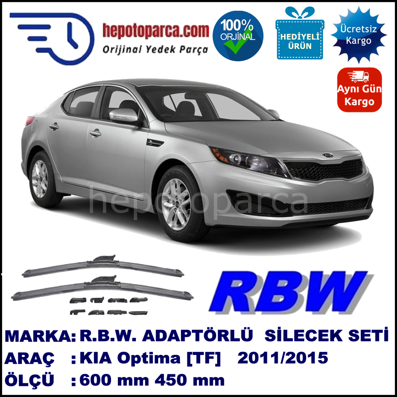 KIA Optima [TF] 09.2011-..., 600 / 450 mm.  RBW  ADAPTÖRLÜ MUZ SİLECEK SETİ
