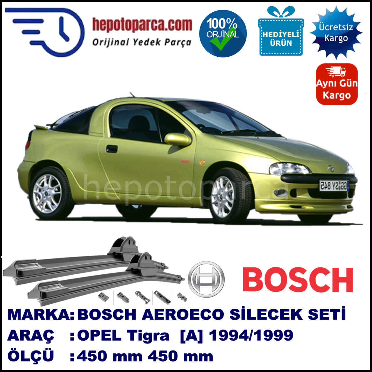 OPEL Tigra TwinTop [B] 06.2004-12.2009, 500 / 450 mm. BOSCH AEROECO Aparatlı Muz Silecek