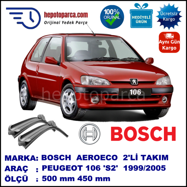 PEUGEOT 106 [S2] 10.1999-05.2005, 500 / 450 mm. BOSCH AEROECO Aparatlı Muz Silecek