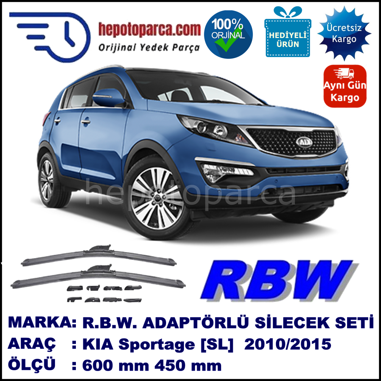 KIA Sportage [SL] 07.2010-..., 600 / 450 mm.  RBW  ADAPTÖRLÜ MUZ SİLECEK SETİ