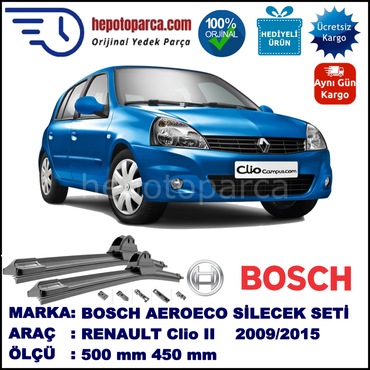 RENAULT Clio II (Campus) [BB./CB./SB.] 06.2009-..., 500 / 450 mm. BOSCH AEROECO Aparatlı Muz Silecek