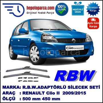 RENAULT Clio II (Campus) [BB./CB./SB.] 06.2009-..., 500 / 450 mm.  RBW  ADAPTÖRLÜ MUZ SİLECEK SETİ