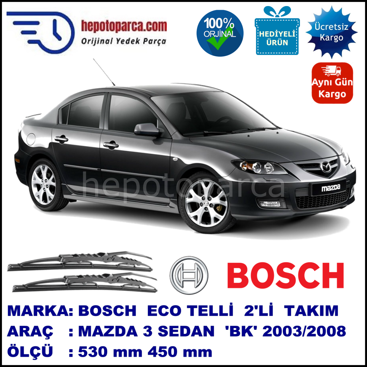 MAZDA 3 [BK] 07.03-12.08 530 / 450 mm. BOSCH ECO Telli Silecek 2'li Takım