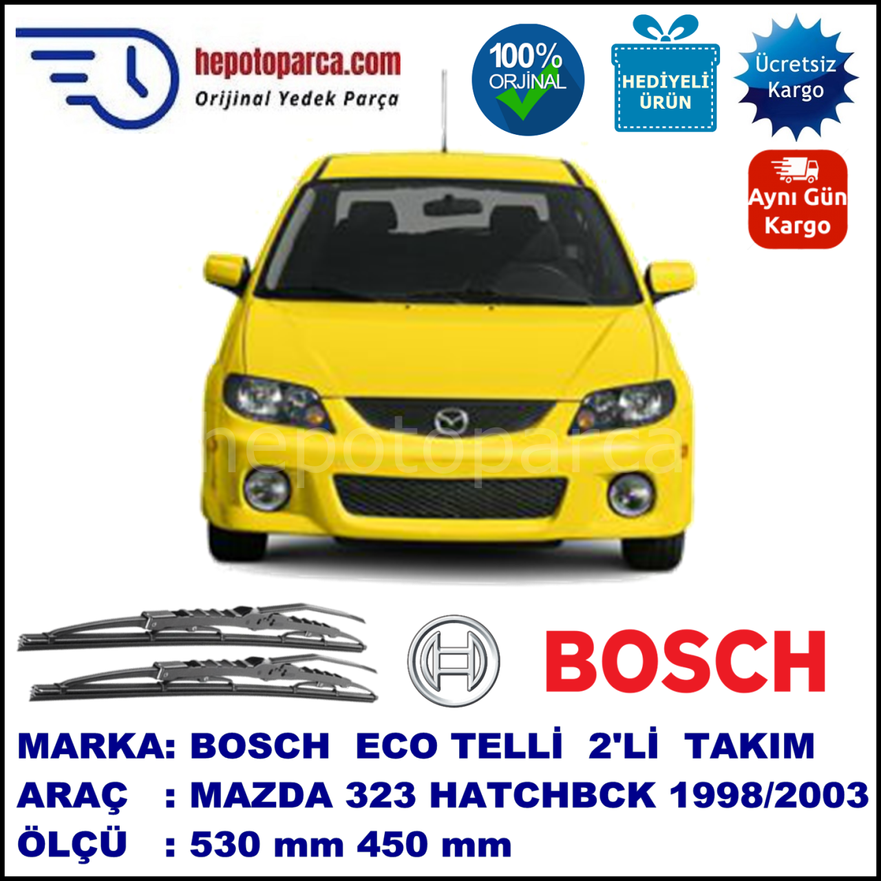 MAZDA 323 Hatchback [BJ] 06.98-09.03 530 / 450 mm. BOSCH ECO Telli Silecek 2'li Takım