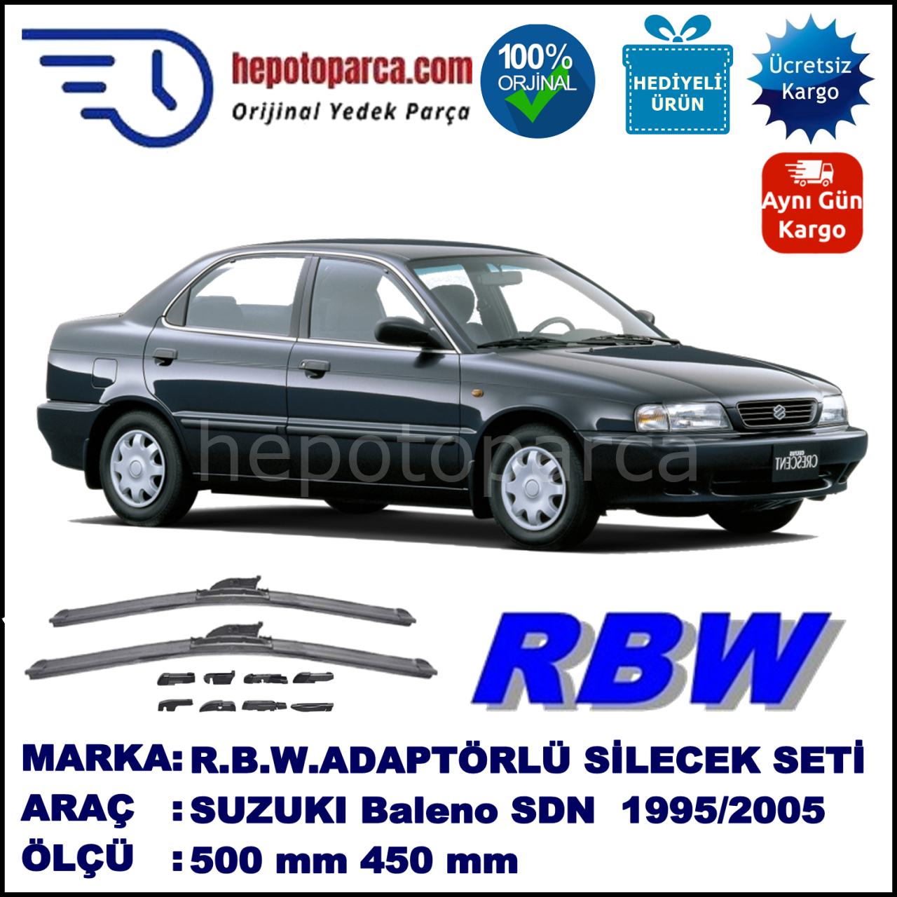 SUZUKI Baleno Sedan  04.1995-09.2005, 500 / 450 mm.  RBW  ADAPTÖRLÜ MUZ SİLECEK SETİ