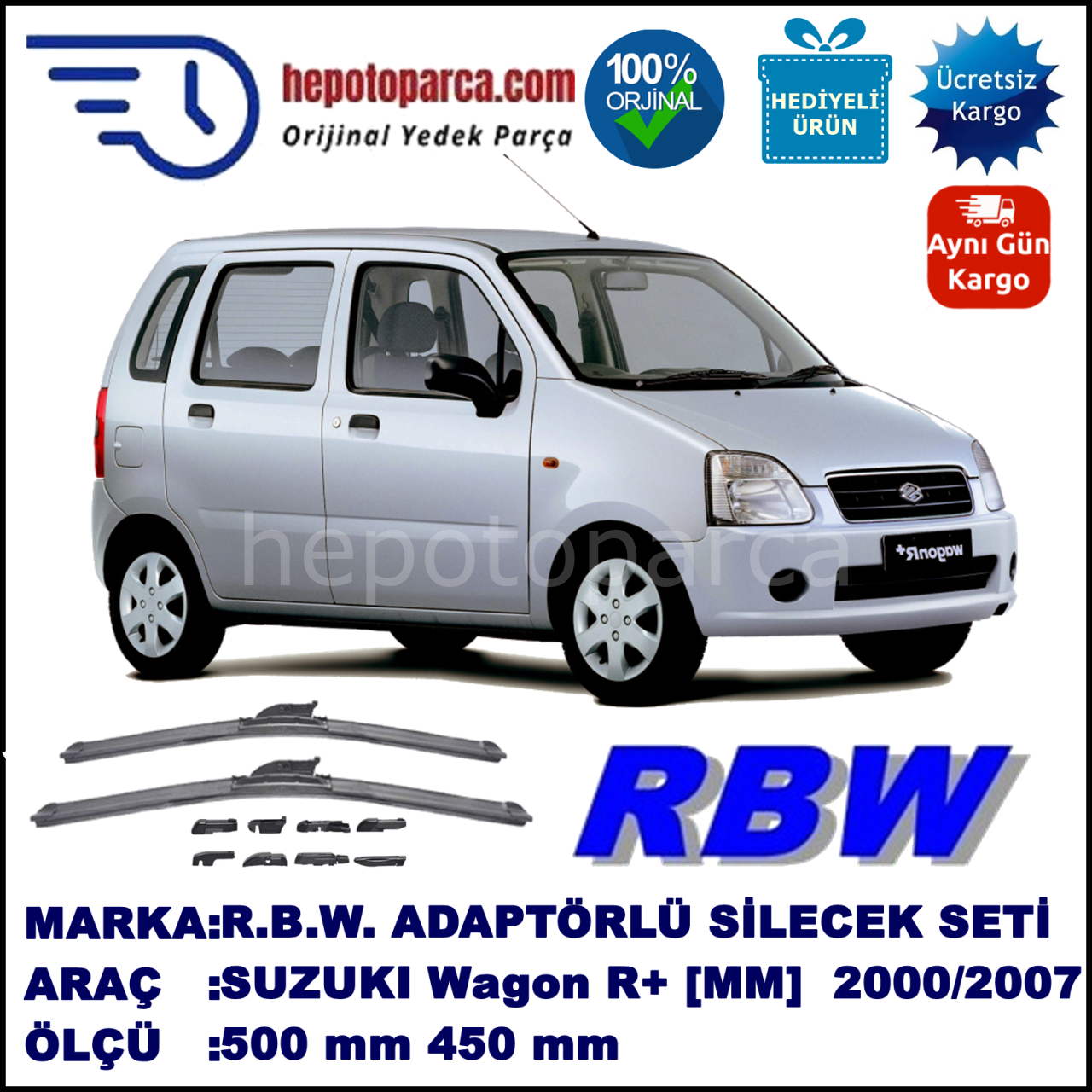 SUZUKI Wagon R+ [MM] 05.2000-..., 500 / 450 mm.  RBW  ADAPTÖRLÜ MUZ SİLECEK SETİ