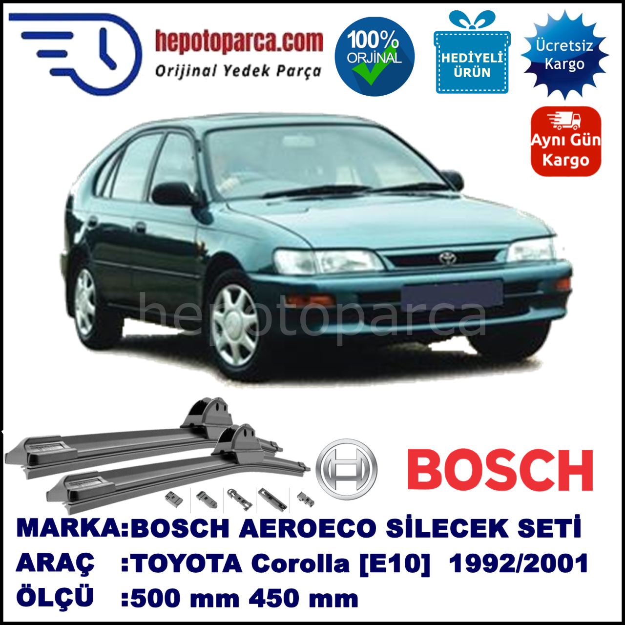 TOYOTA Corolla [E10; E11] 05.1992-09.2001, 500 / 450 mm. BOSCH AEROECO Aparatlı Muz Silecek