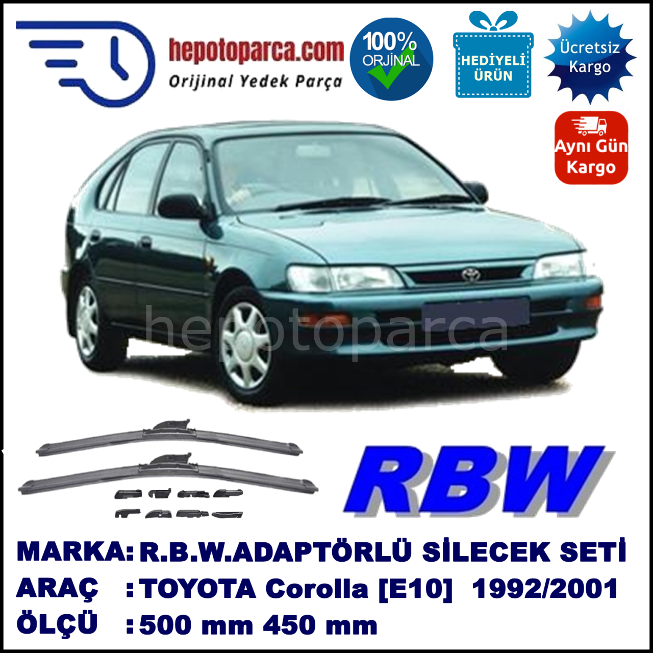 TOYOTA Corolla [E10; E11] 05.1992-09.2001, 500 / 450 mm.  RBW  ADAPTÖRLÜ MUZ SİLECEK SETİ