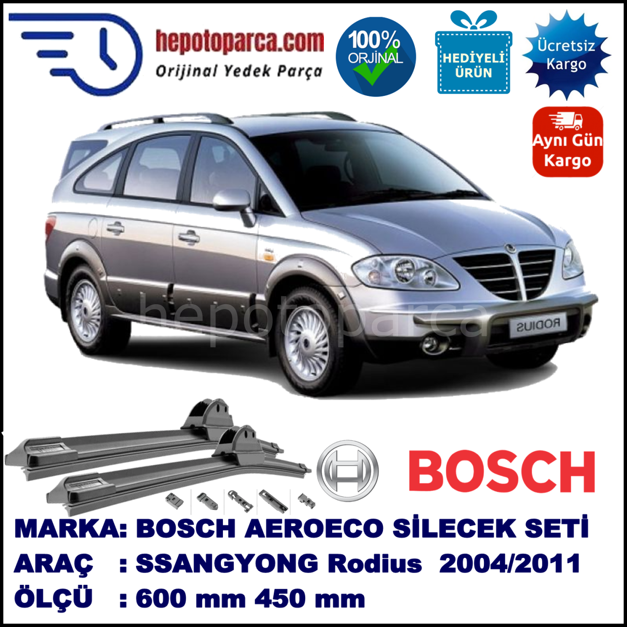 SSANGYONG Rodius  08.2004-..., 600 / 450 mm. BOSCH AEROECO Aparatlı Muz Silecek