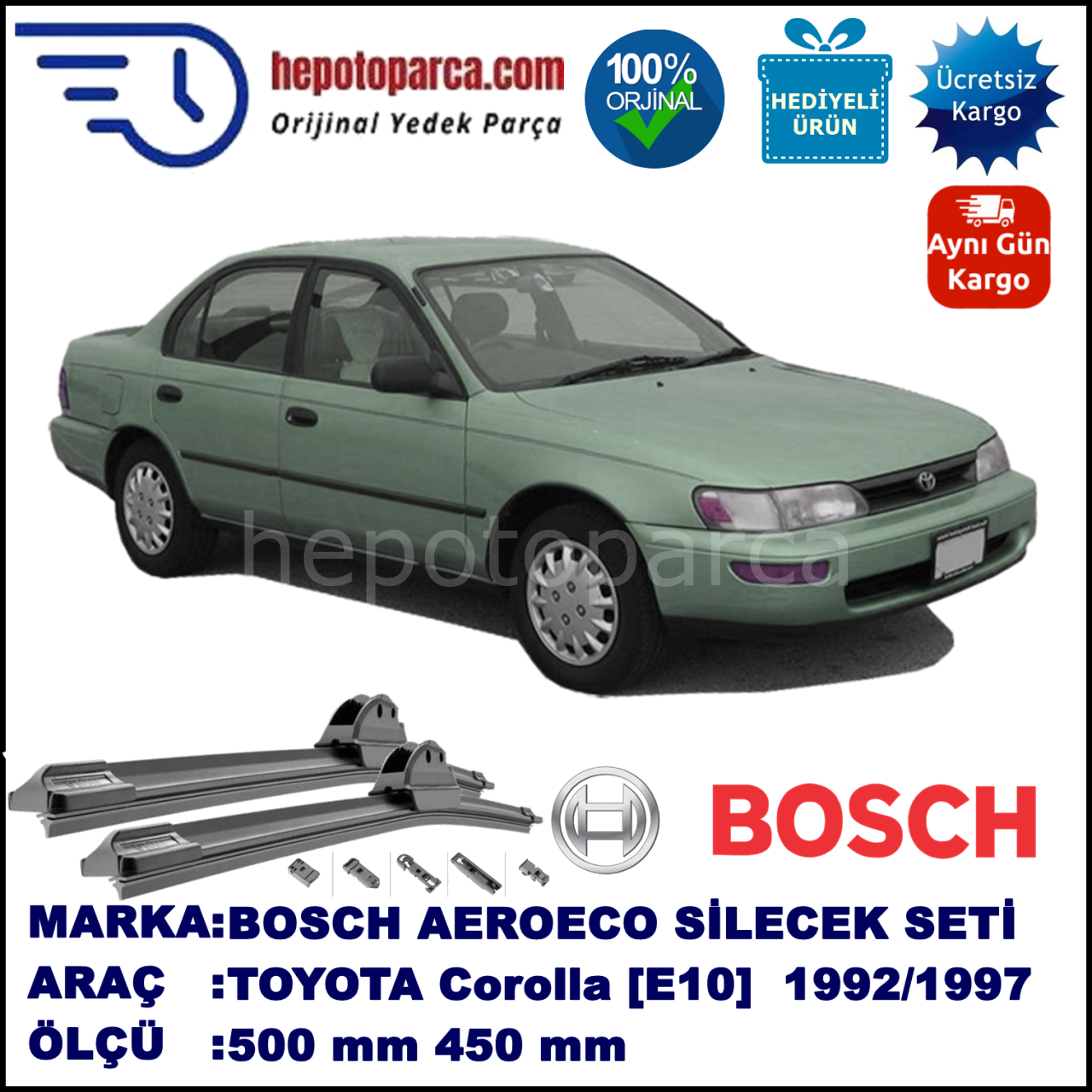 TOYOTA Corolla Sedan [E10] 05.1992-04.1997, 500 / 450 mm. BOSCH AEROECO Aparatlı Muz Silecek