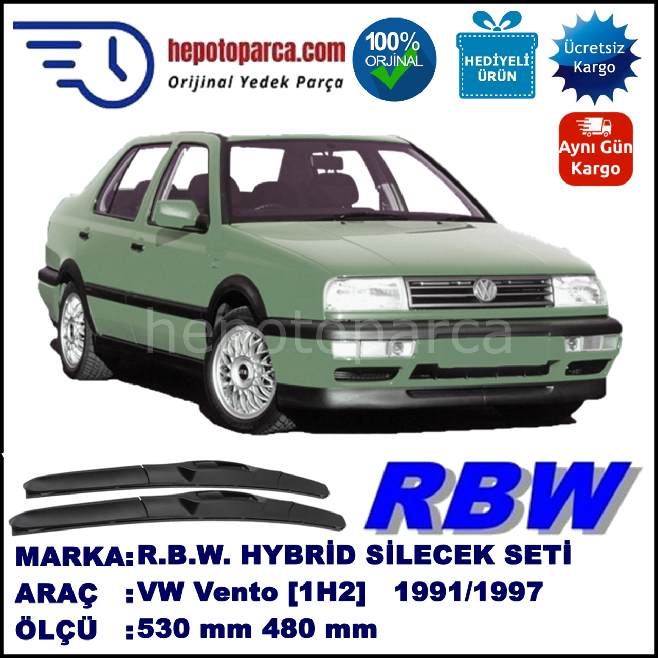 VW Vento [1H2] 11.91-12.97 530 / 480 mm. RBW Hybrid Silecek Seti. U Kanca Uyumlu Hibrit