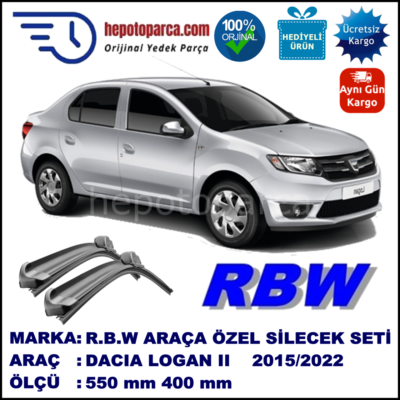 DACIA Logan II [L8] 08.12-... 550 / 500 mm. RBW Muz Silecek Seti  2'li Takım. U Kanca Uyumludur.