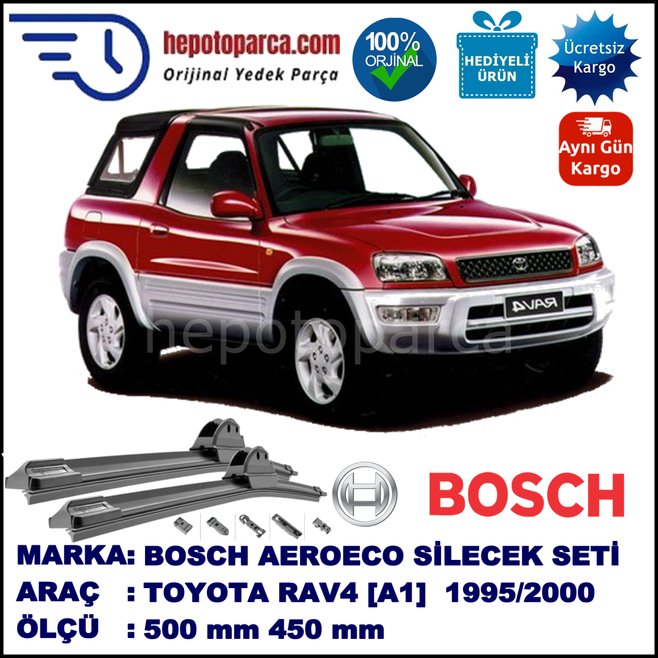 TOYOTA RAV4 Cabrio [A1] 11.1995-08.2000, 500 / 450 mm. BOSCH AEROECO Aparatlı Muz Silecek