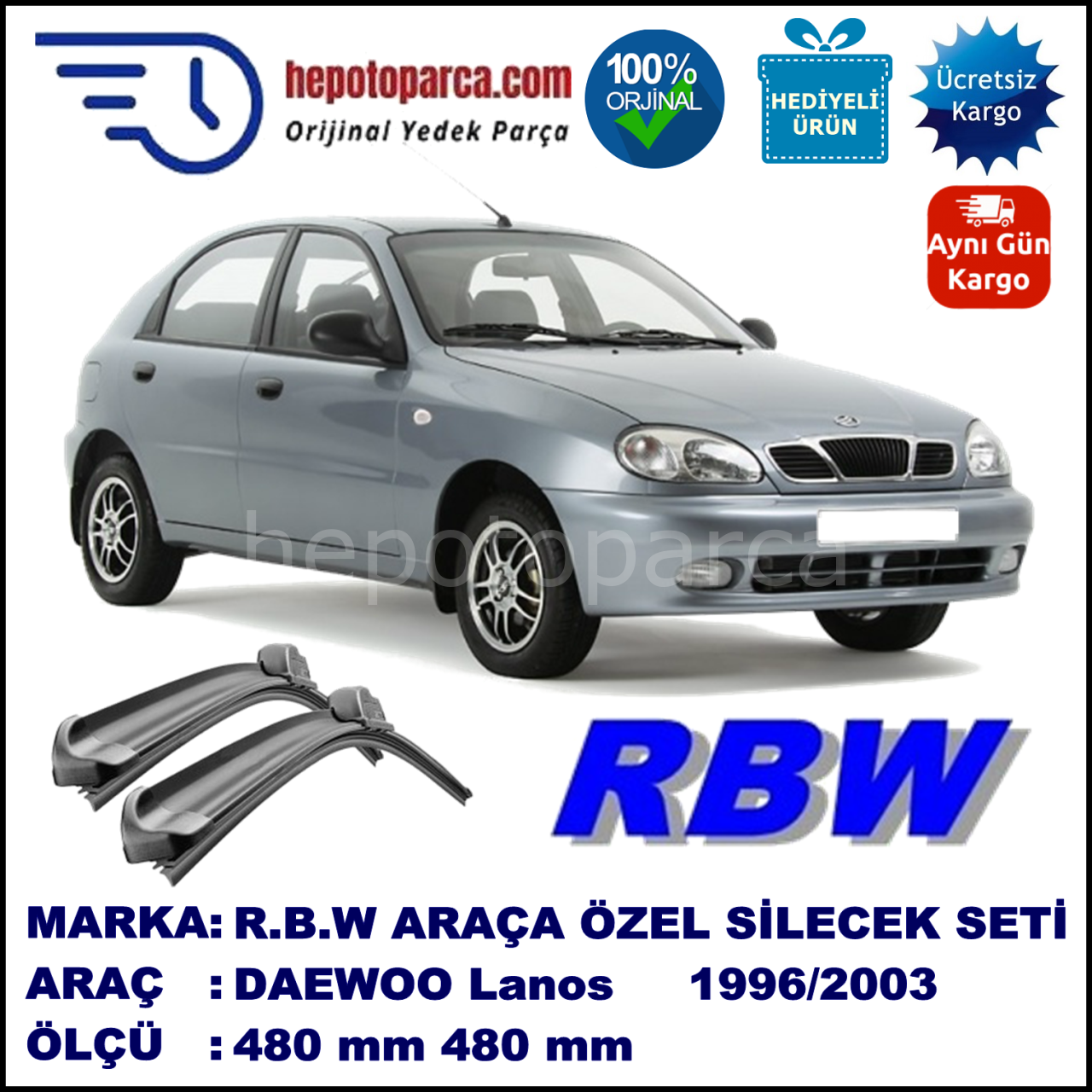 DAEWOO Lanos [KLAT] 11.96-09.03 480 / 480 mm. RBW Muz Silecek Seti  2'li Takım. U Kanca Uyumludur.