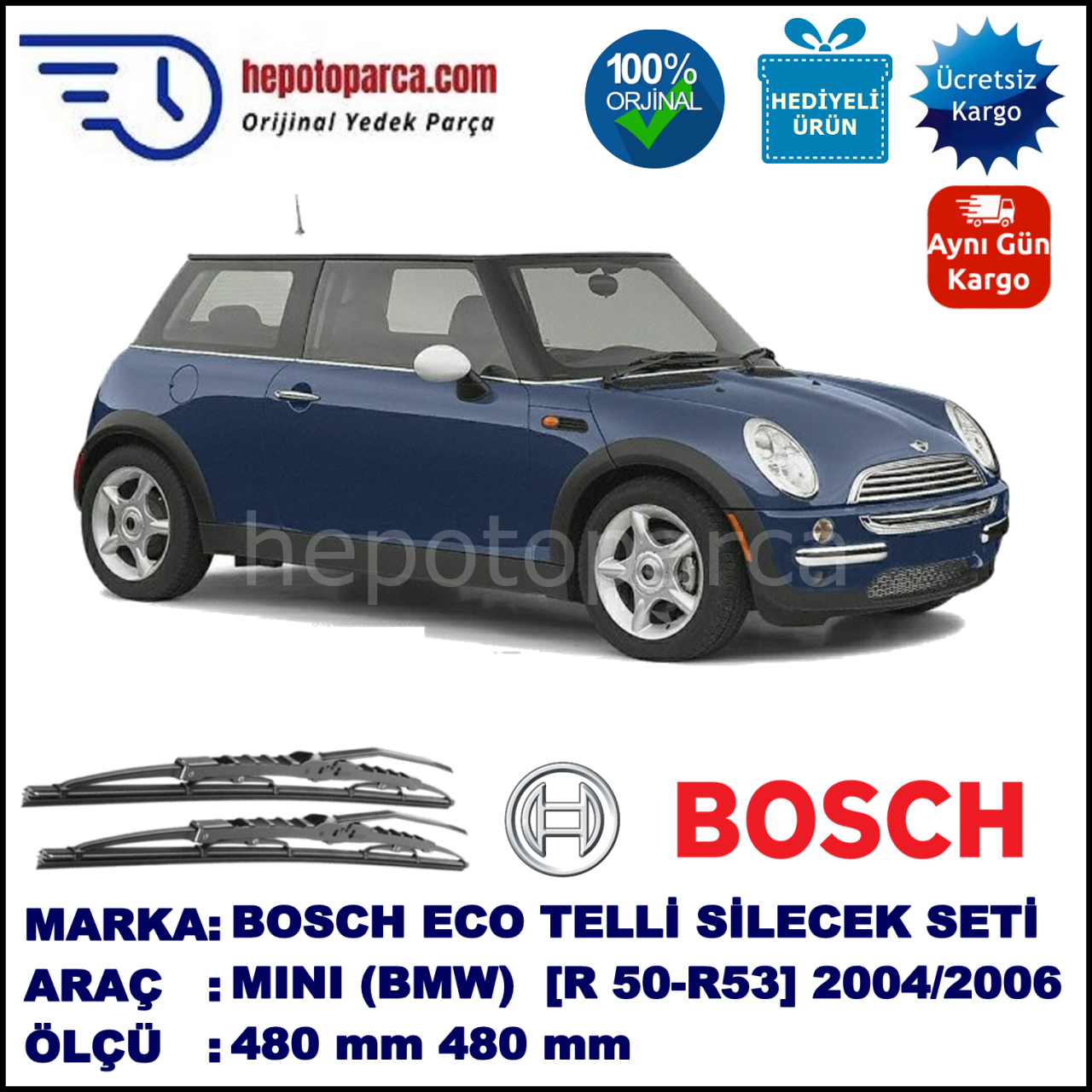 MINI (BMW) Mini [R 50, R 53] 08.04-11.06 480 / 480 mm. BOSCH ECO Telli Silecek 2'li Takım