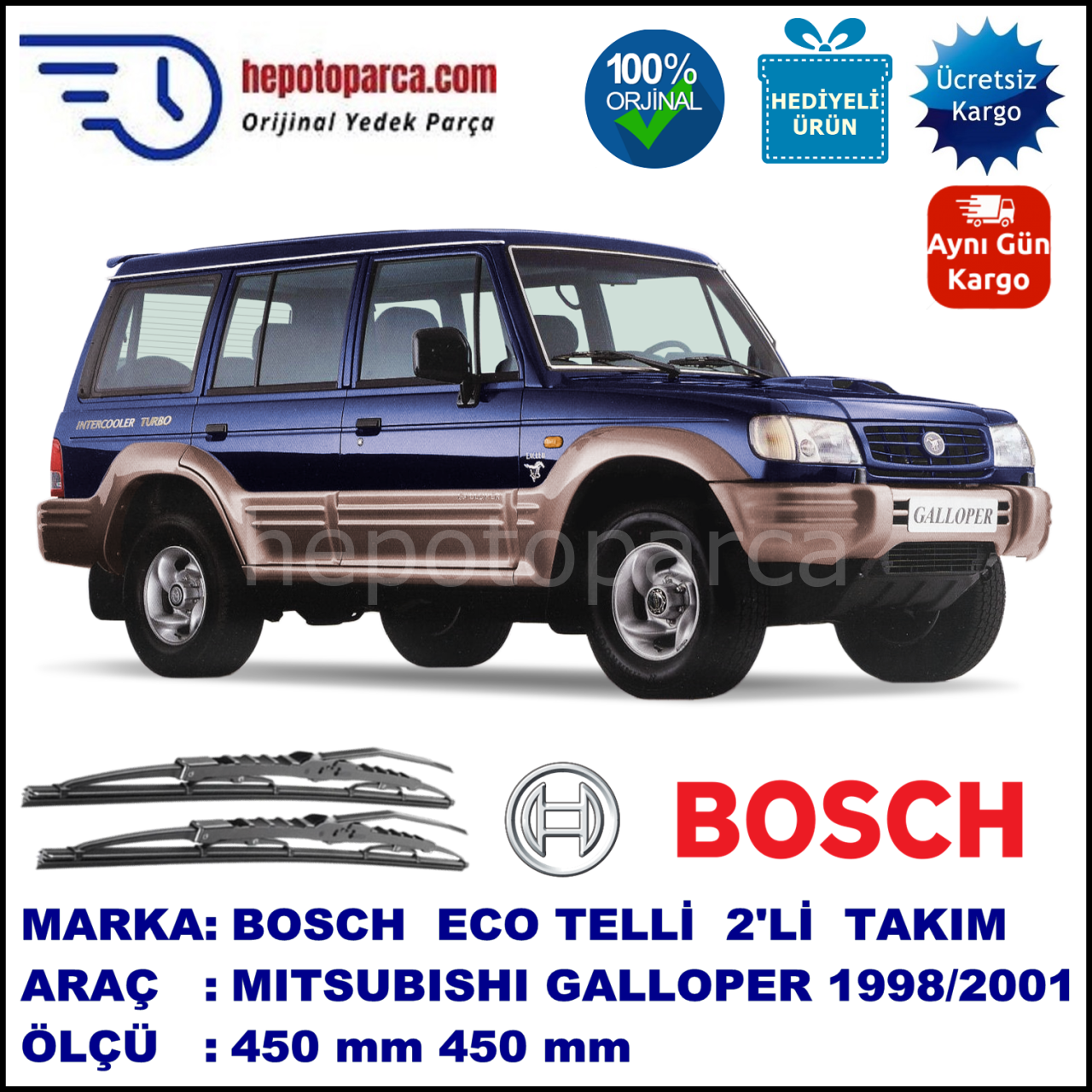MITSUBISHI Galloper  05.98-12.01 450 / 450 mm. BOSCH ECO Telli Silecek 2'li Takım