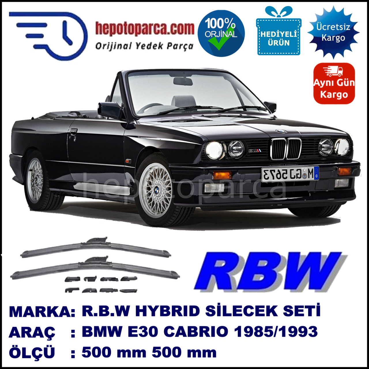 BMW Serie 3 Cabrio [E 30] 09.1985-12.1993, 500 / 500 mm.  RBW  ADAPTÖRLÜ MUZ SİLECEK SETİ
